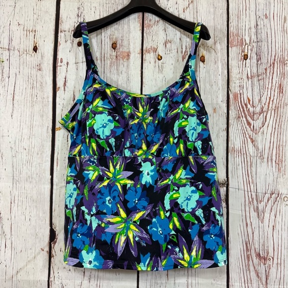 Roaman's Blue and Green Floral Swim Suit Tank Top - Picture 1 of 10